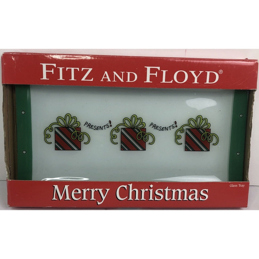 New Fitz & Floyd Merry Christmas Glass Serving Tray Presents 12.5" w/Box